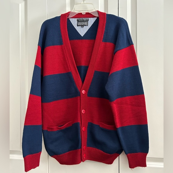 Vintage Graphix Sweater 90s Red and Navy Striped Knit Cardigan Sweater L - Picture 8 of 8